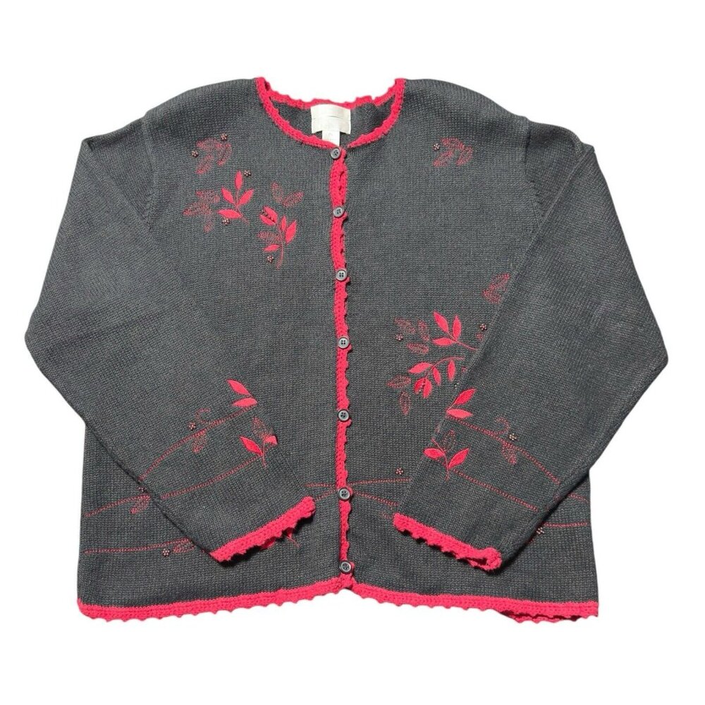 Vintage Christopher Banks Hand Embroidered Black Red Sweater Beaded Cardigan XL - Picture 2 of 13